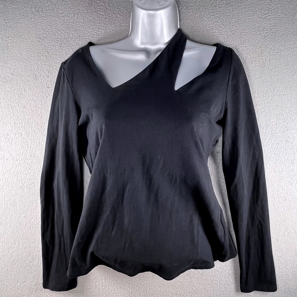 Boston Proper Women Top Black Cotton Spandex S Asymmetrical Cutout Edgy